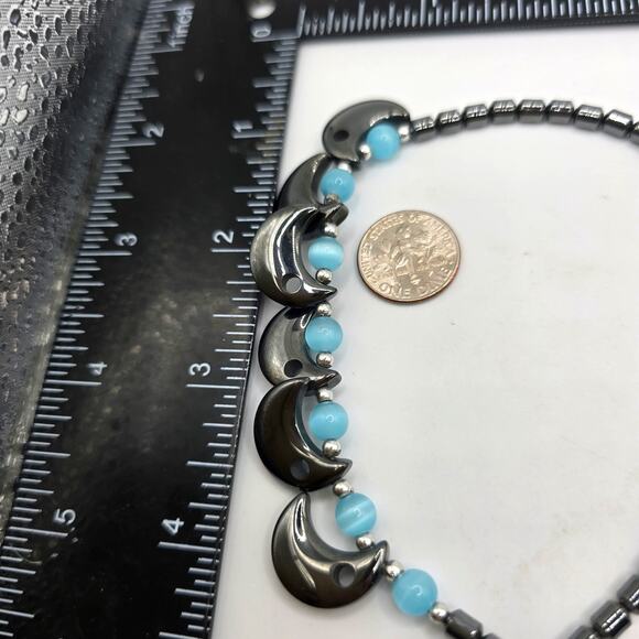 Vintage Hematite Cat Eye Crescent Moon Necklace Beaded Statement Jewelry 18 Inch - Picture 6 of 6